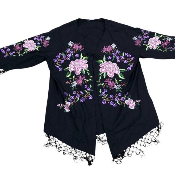 Womens Floral Fringe Kimono Robe Jacket XL Embroidered Oriental Flare Open Front - Picture 1 of 11